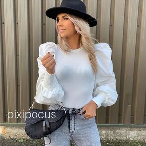 NWT Zara Combination Puff Sleeve Knit Top White